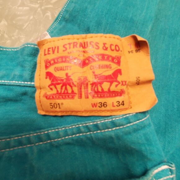 Levi’s 501 Button Fly Jeans Men’s 36x34 Bright Teal Blue Rare Color Edition Clas - Picture 5 of 10